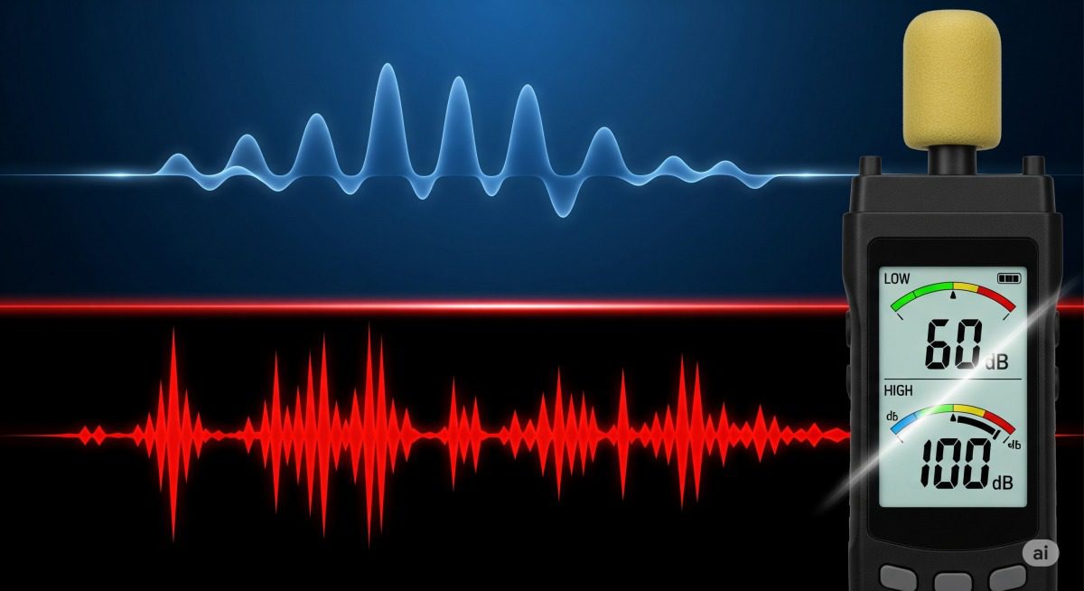 Imagem dividida mostrando ondas sonoras de diferentes frequências (grave e agudo) e um medidor de nível sonoro exibindo diferentes níveis de decibéis.
