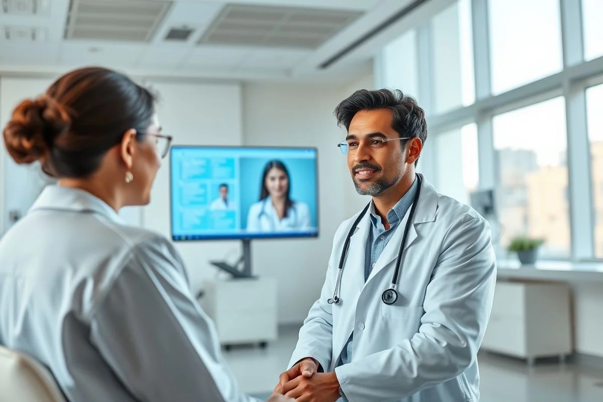 Médico brasileiro consultando paciente remotamente via telemedicina