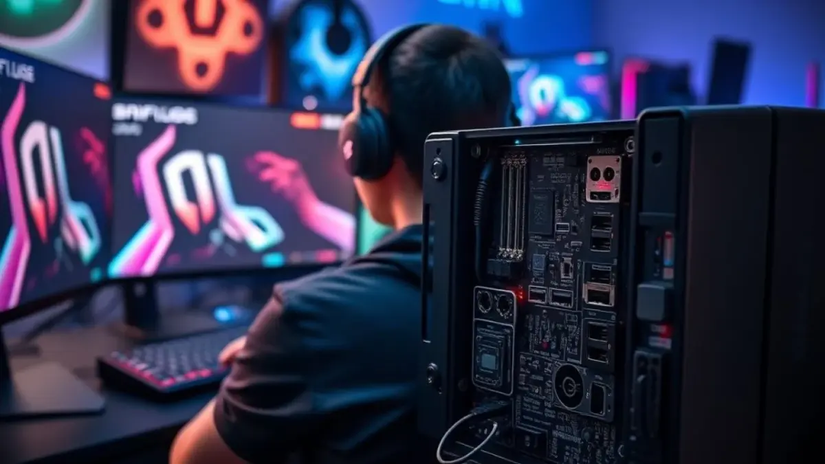 Brazilian gamer using a high-end PC setup with multiple monitors, keyboard, mouse, and headset, Gamer brasileiro jogando em PC high-end: placa-mãe B650 oferece conectividade para periféricos.