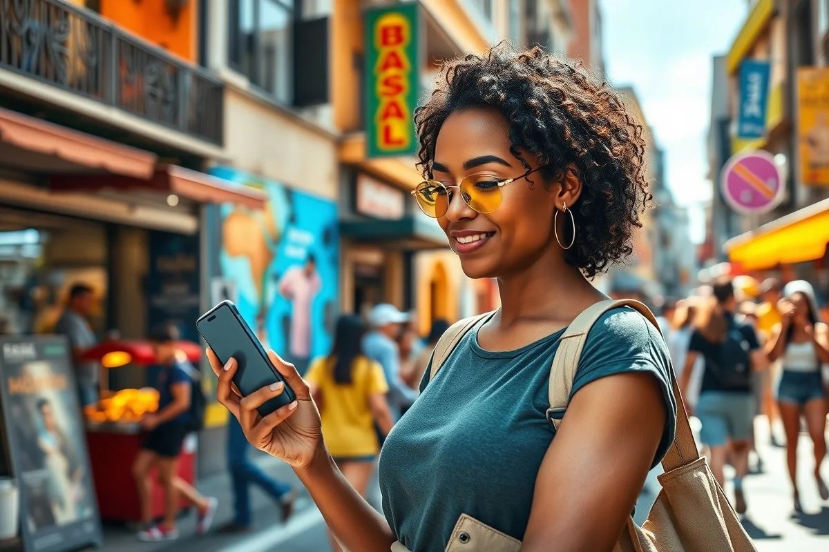 Mulher brasileira usando app de smart city para achar vaga de estacionamento