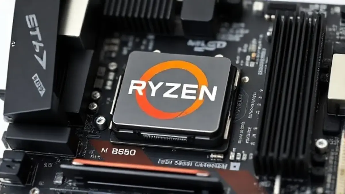 Close-up of a B650 motherboard with Ryzen 7000 CPU installed, focus on VRM components and heatsink, Placa-mãe B650 com Ryzen 7000: foco no VRM e dissipador para estabilidade do sistema.