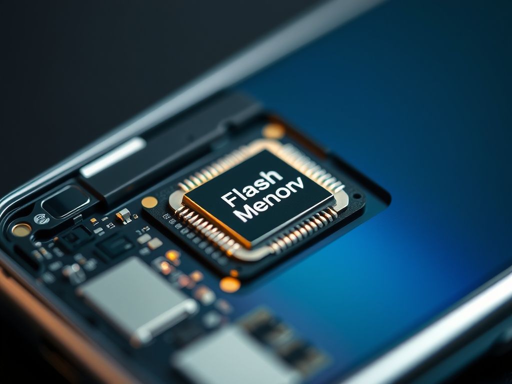 Imagem aproximada de um smartphone com a tampa traseira removida, mostrando o chip de memória flash.