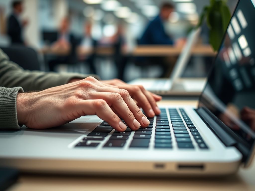 Mãos digitando em um teclado de notebook, representando o uso para trabalho ou estudo.