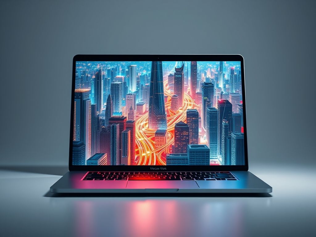 MacBook Pro 16 polegadas M4 Max mostrando renderização 3D detalhada.