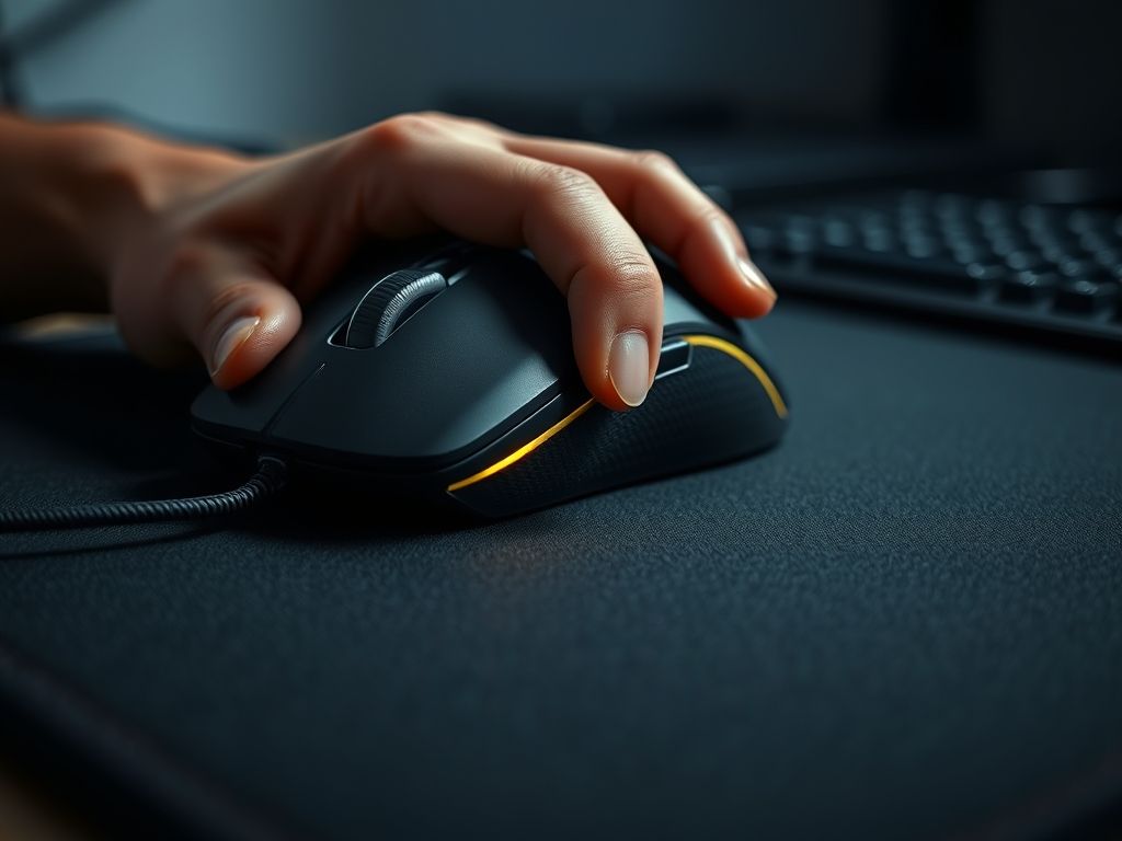 Mão usando um mouse gamer em um mouse pad de alta qualidade, demonstrando precisão e controle.