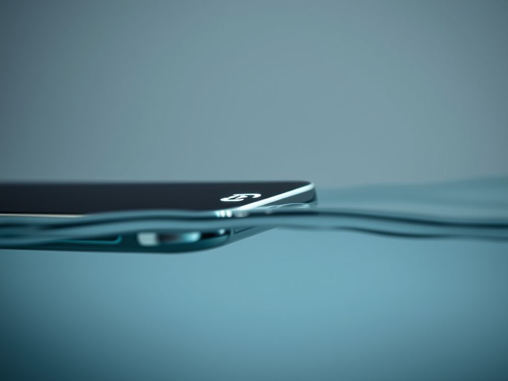 Um smartphone moderno parcialmente submerso em água limpa, mostrando o símbolo de classificação IP.