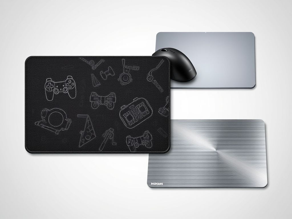 Colagem mostrando diferentes tipos de mouse pads: tecido, plástico, alumínio e com apoio de pulso.