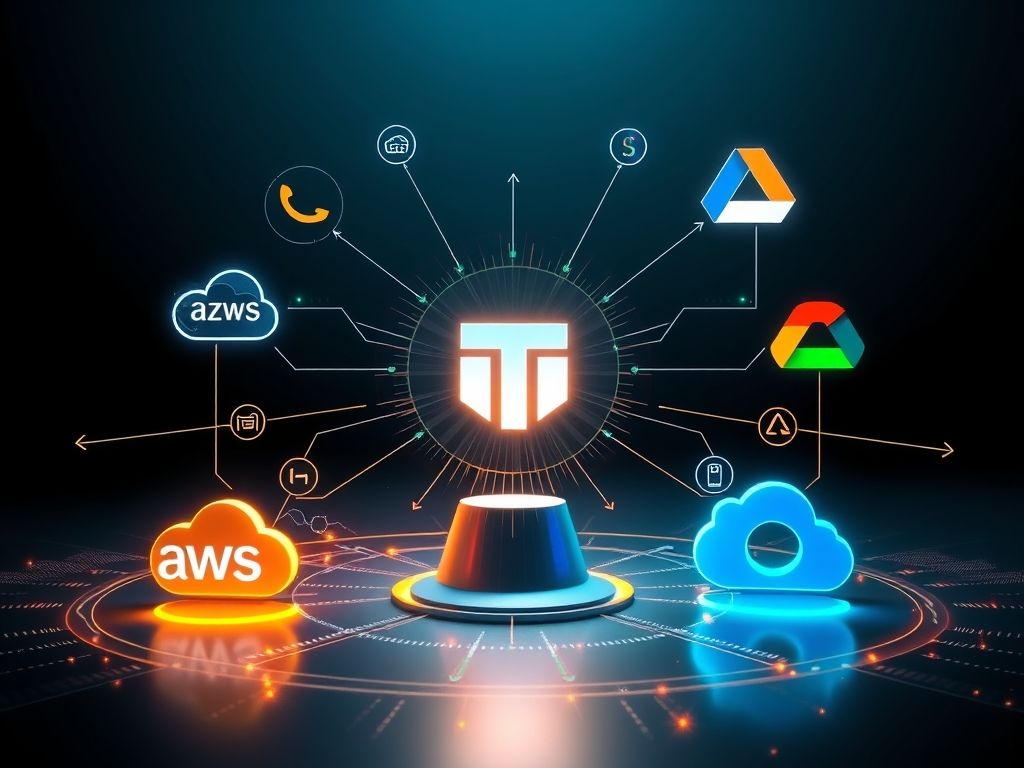 Terraform como um maestro orquestrando diferentes provedores de nuvem (AWS, Azure, Google Cloud).