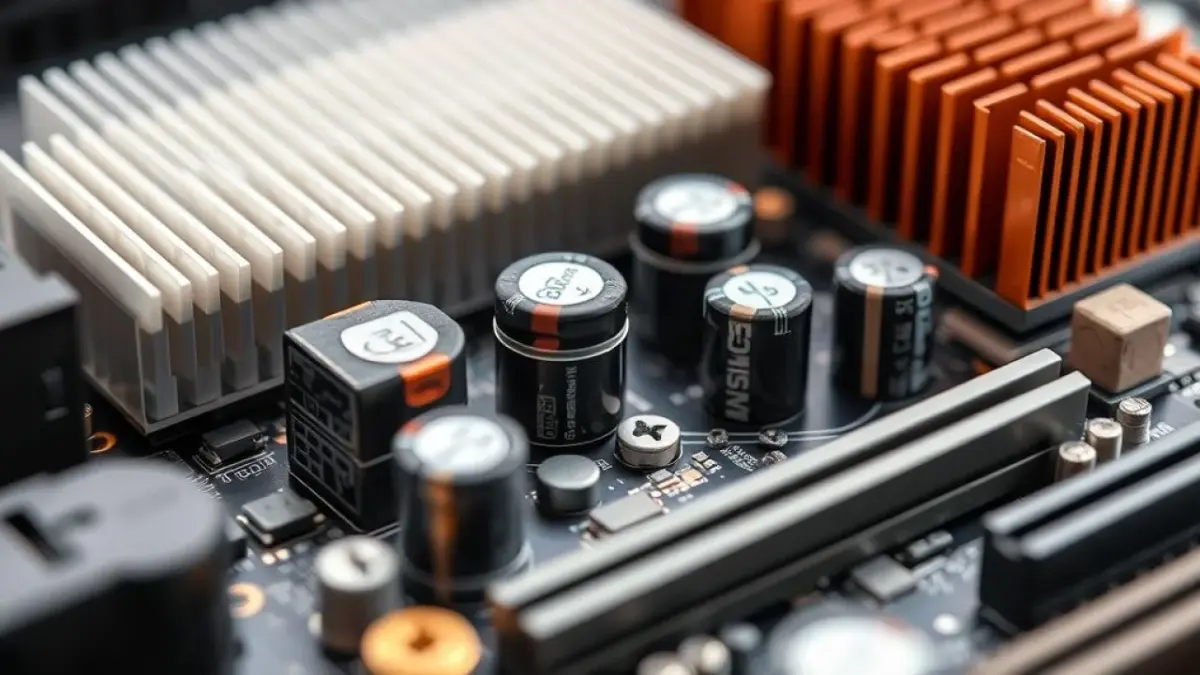Detailed close-up of VRM components on a B650 motherboard, showcasing chokes, capacitors, and VRM da placa-mãe B650: componentes de alta qualidade garantem energia estável para o Ryzen 7000.