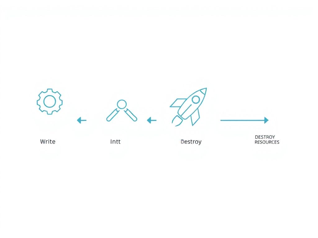 Diagrama ilustrando o fluxo de trabalho do Terraform: Escrever, Inicializar, Planejar, Aplicar, Destruir.