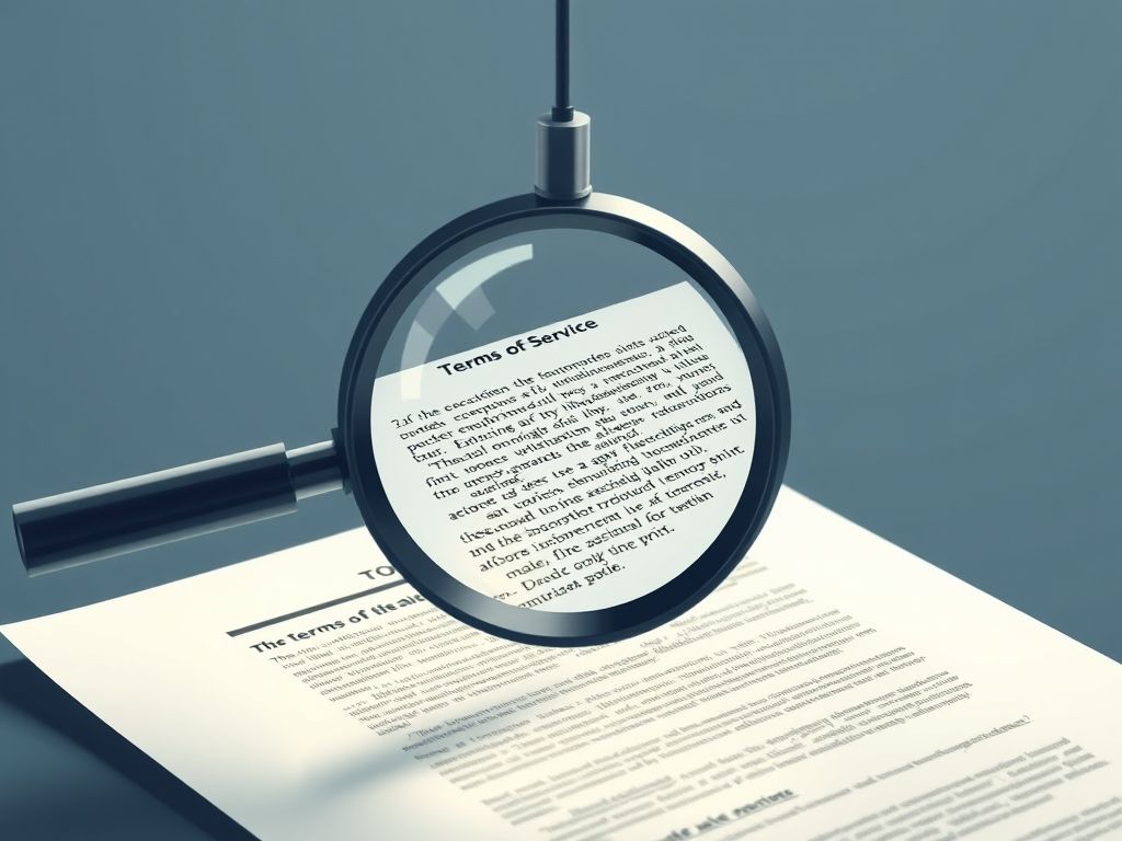 Lupa sobre um longo documento legal, focando no texto pequeno dos 'Termos de Serviço'.