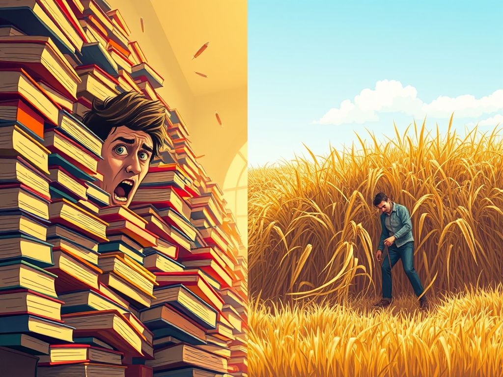 Comparação entre a busca por um livro sem ficha catalográfica (agulha no palheiro) e com ficha catalográfica (livro na estante).