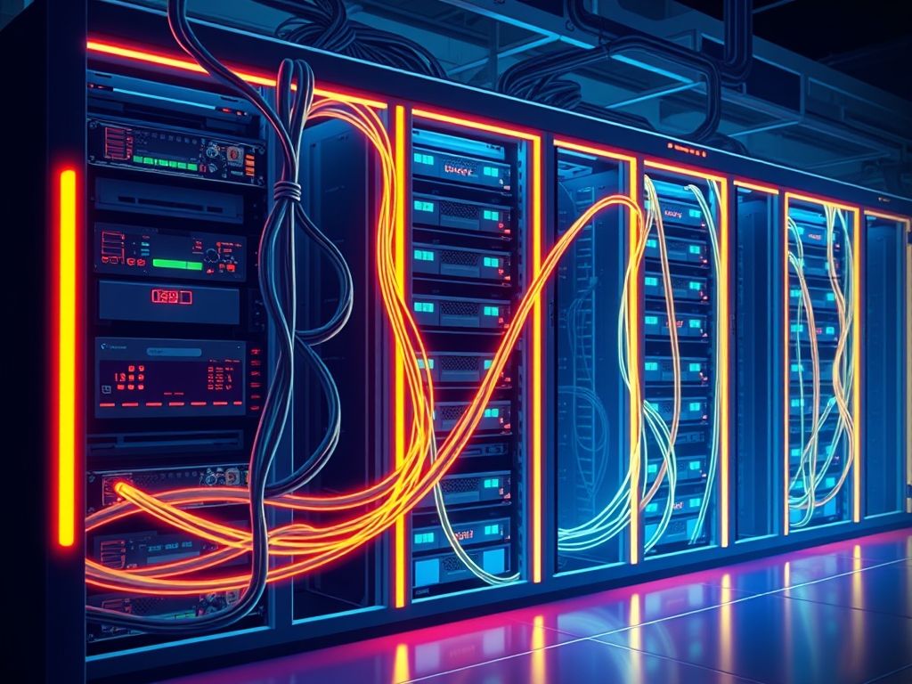 Rack de servidores com discos rígidos e cabos de rede, alguns componentes limitados, representando hospedagem 'ilimitada' com limitações.