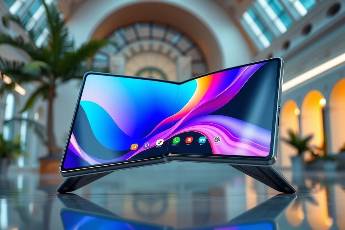 Galaxy Z Fold7 desdobrado mostrando interface de app com Museu do Amanhã ao fundo.