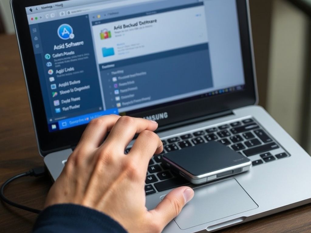 Mãos transferindo arquivos de um notebook Samsung para um HD externo para backup.