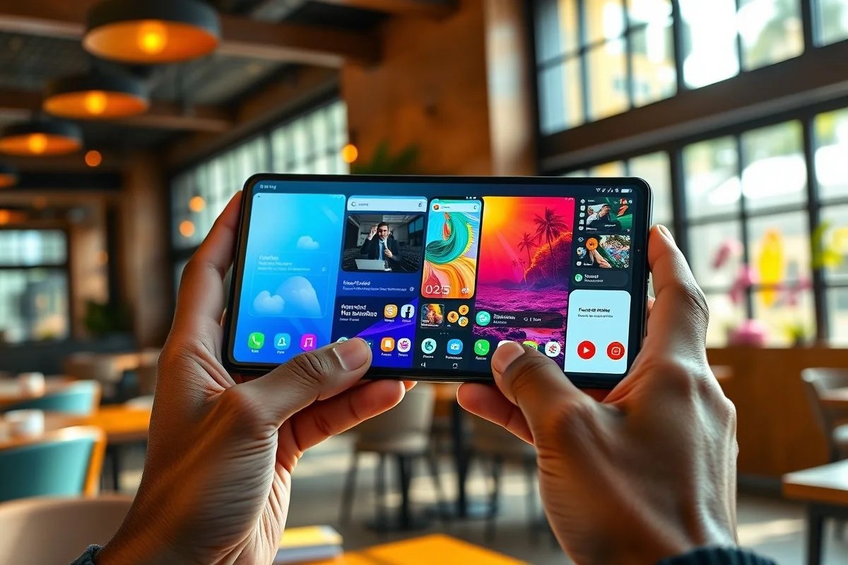 Galaxy Z Fold7 em mãos, exibindo multitarefa em café moderno no Brasil.