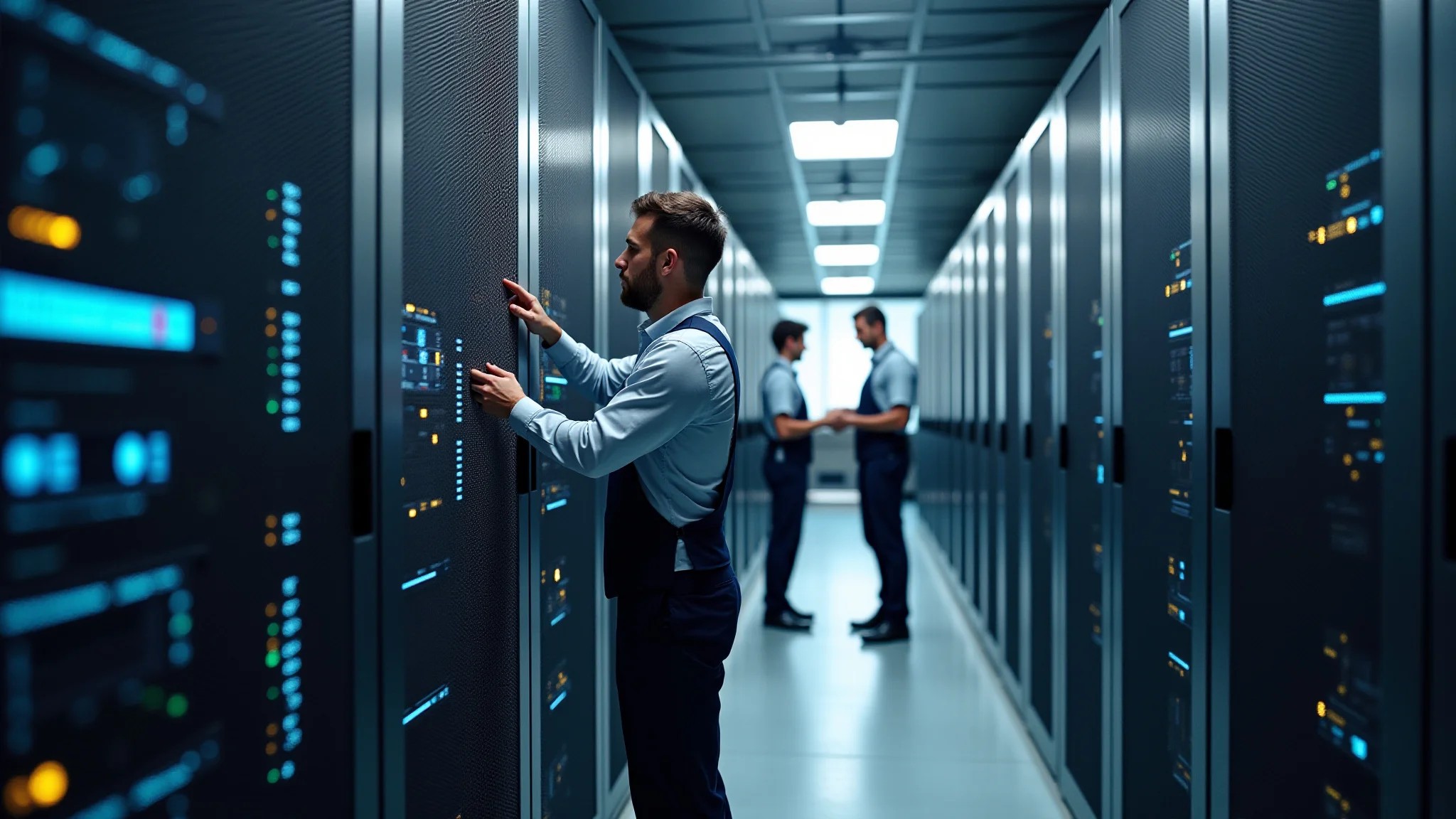 Data center com técnicos monitorando servidores, segurança e conformidade.