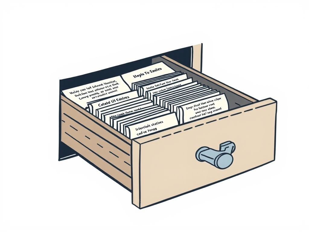 Gaveta de fichário de biblioteca aberta, mostrando fichas catalográficas com informações bibliográficas.