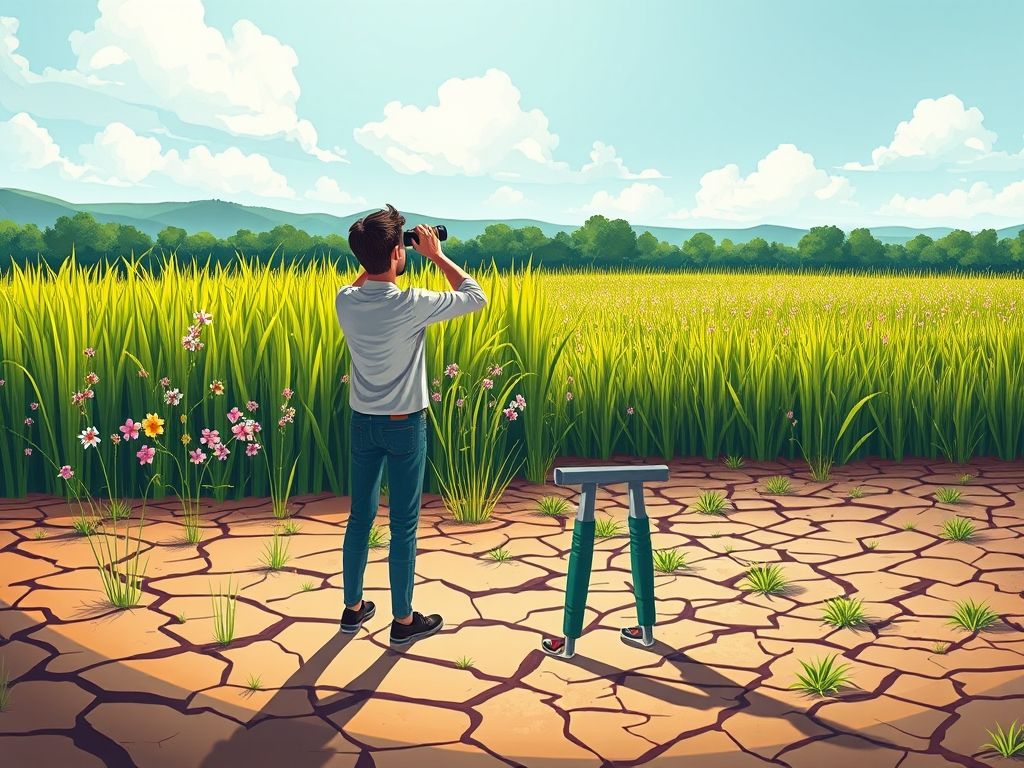 Ilustração de uma pessoa usando binóculos para observar um campo verde e exuberante (concorrente bem-sucedido), enquanto está em um campo seco e árido (negócio ignorando a concorrência).