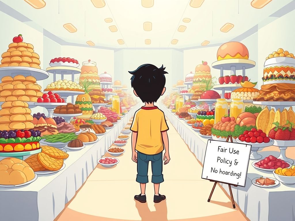 Pessoa sobrecarregada em um buffet ilimitado com uma placa de 'Política de Uso Justo: Sem acúmulo'.