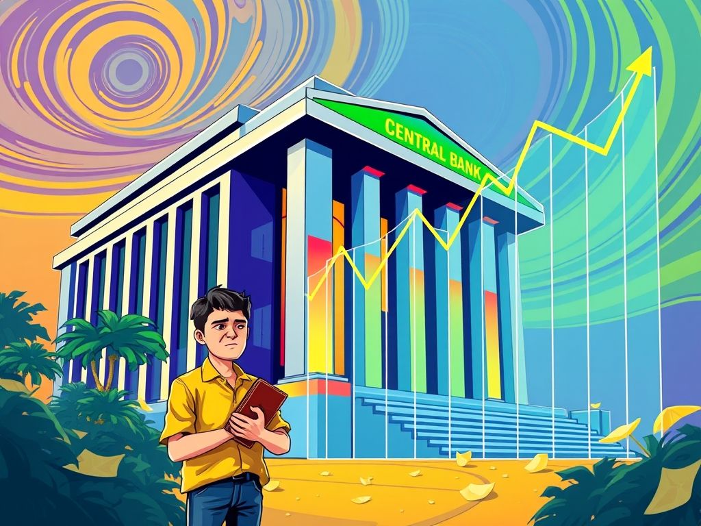 Ilustração do Banco Central do Brasil com um gráfico mostrando as flutuações da taxa de juros, e uma pessoa confusa segurando uma carteira.