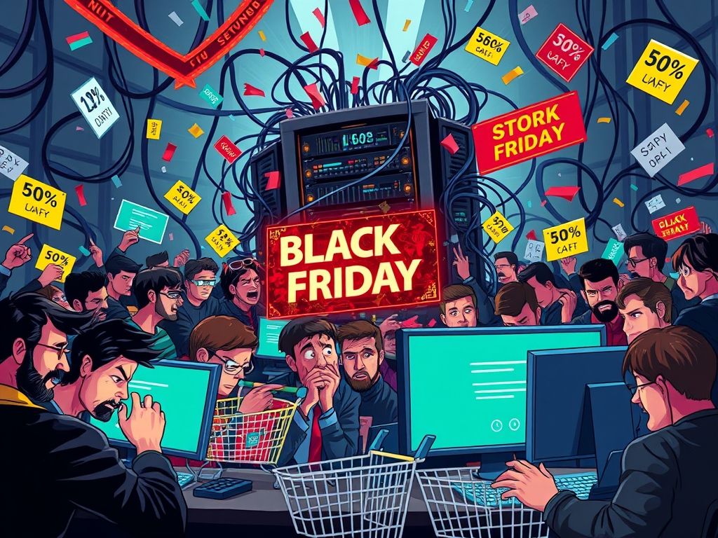 Ilustração de um site travando durante a Black Friday, mostrando a importância da escalabilidade.