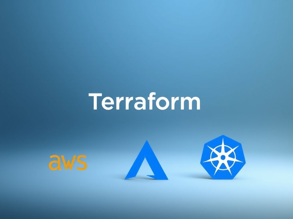 Logotipo do Terraform ao lado dos logotipos da AWS, Azure e Kubernetes, simbolizando sua capacidade de gerenciamento em diferentes plataformas.