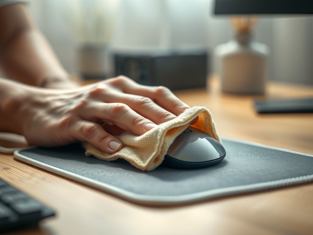 Pessoa limpando um mouse pad com um pano úmido e detergente neutro.
