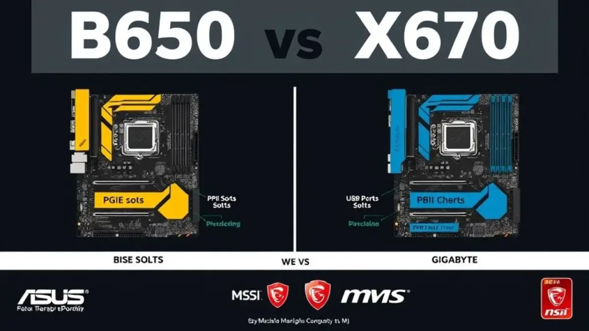 Modern and clean infographic comparing key features of B650 vs X670 motherboards (PCIe slots, USB Infográfico: comparativo B650 vs X670. Qual chipset é o ideal para sua build Ryzen 7000?