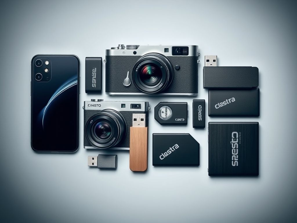 Montagem de diversos dispositivos que utilizam memória flash, como smartphones, câmeras digitais, pen drives e SSDs.