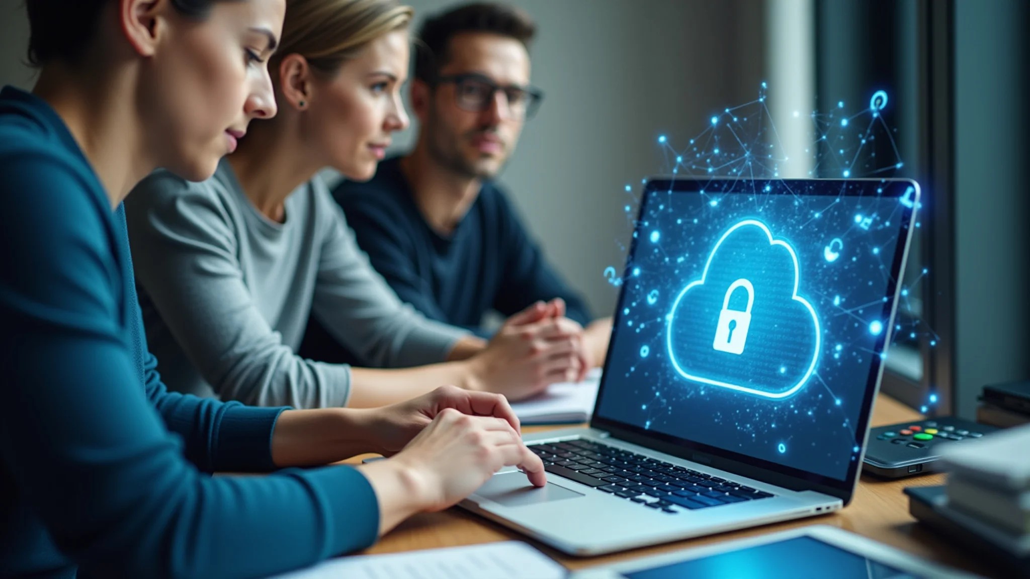 Equipe trabalhando em laptop com interface de nuvem, criptografia e controle de acesso.