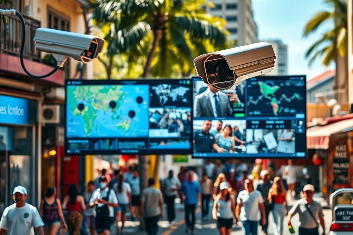 Câmera de segurança de smart city monitorando rua movimentada no Brasil