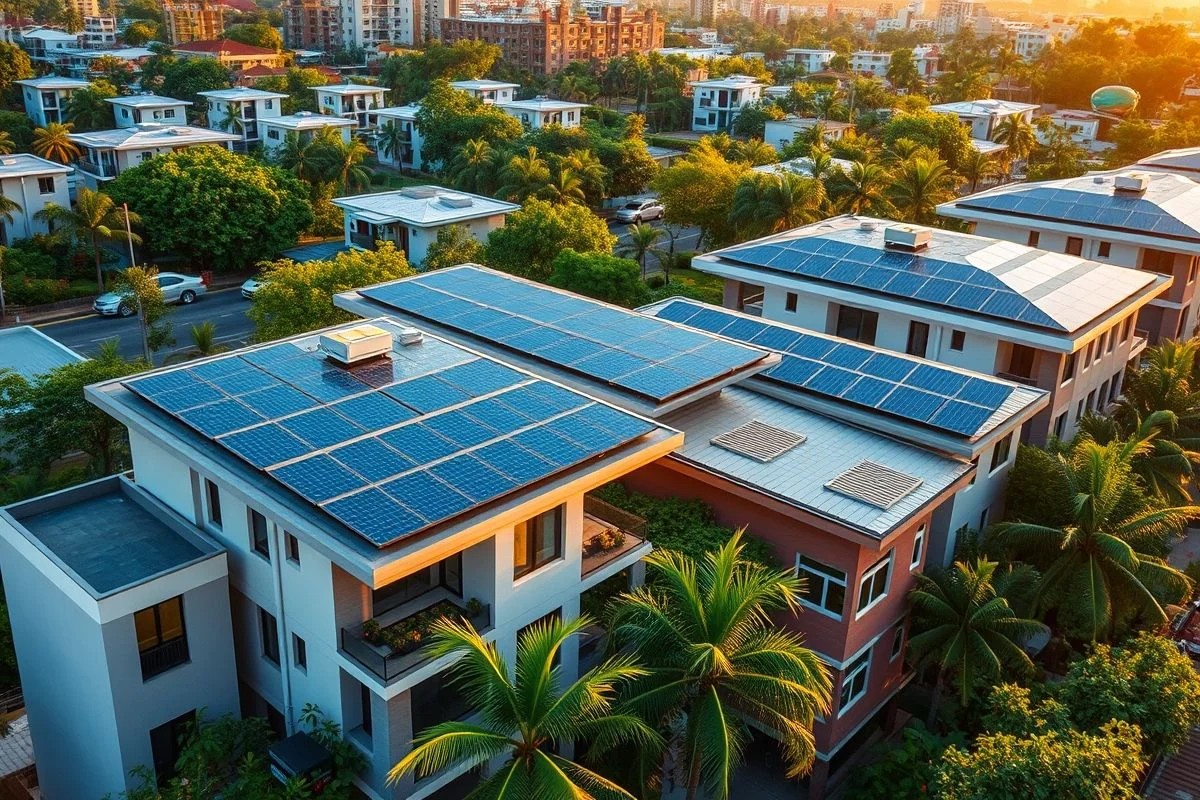Painéis solares em telhados de bairro brasileiro conectados à rede inteligente