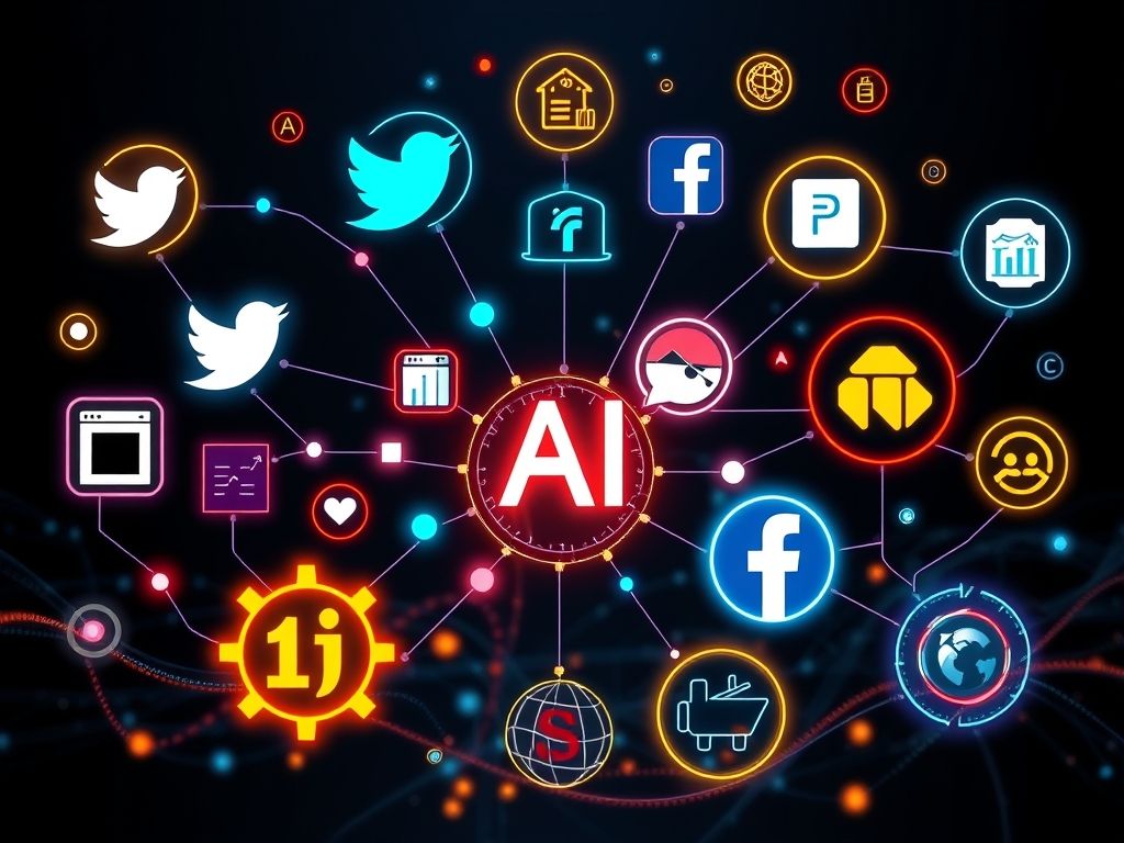 Representação visual de diversas ferramentas de IA analisando dados, incluindo ícones de redes sociais, ferramentas de SEO e análise de preços, conectados a um 'Cérebro de IA' central.
