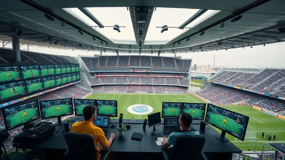 Revisão do VAR em estádio brasileiro, mostrando tecnologia e árbitros analisando lances.