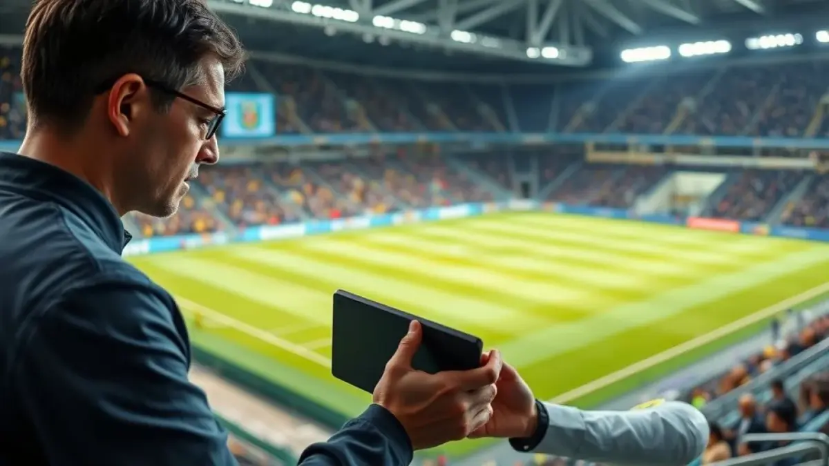 Técnico brasileiro usando IA para auxiliar na tomada de decisões durante jogo.