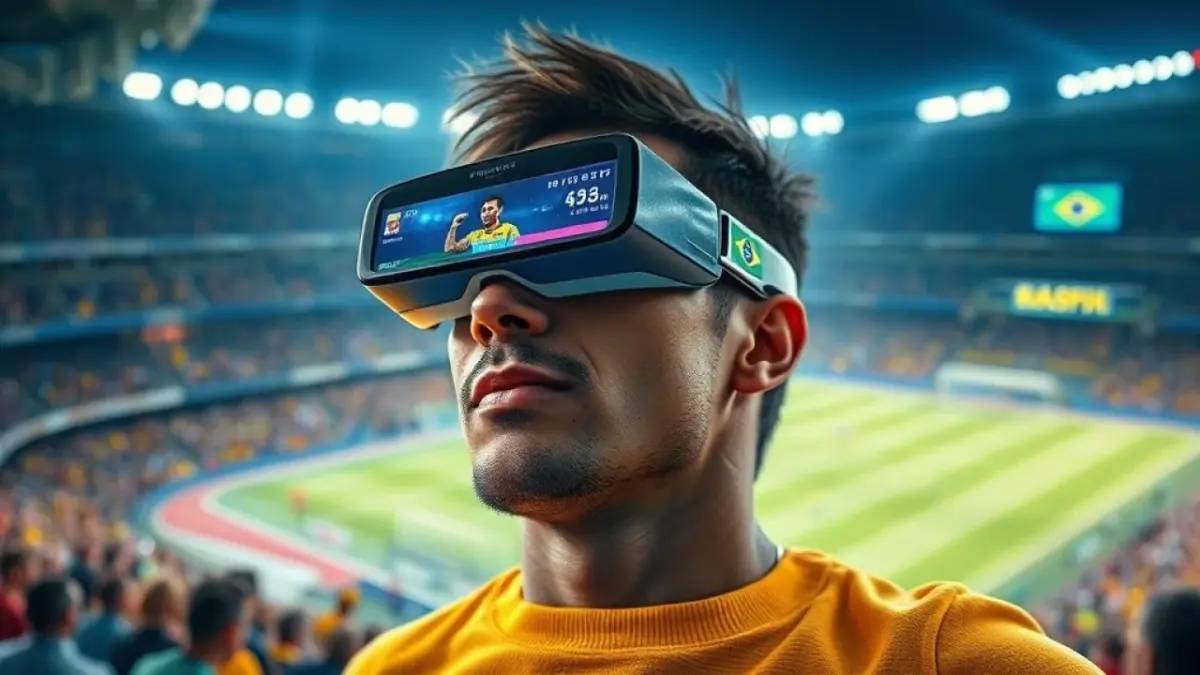 Torcedor brasileiro usando RA para ver estatísticas durante partida de futebol.