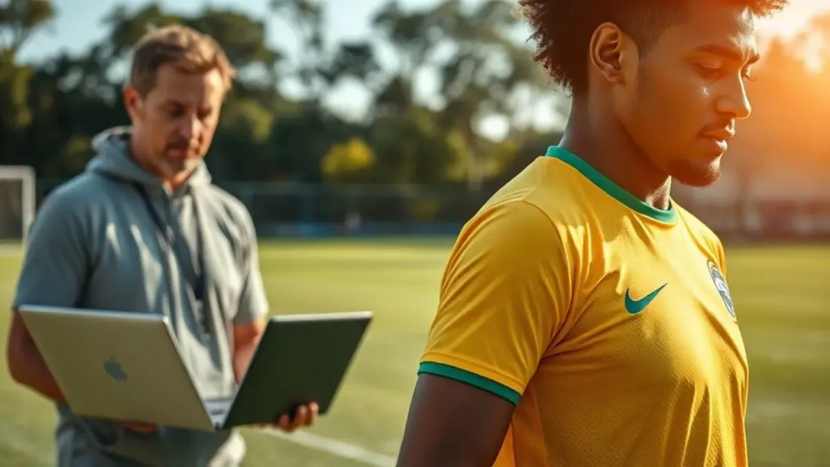 Jogador brasileiro com GPS sendo monitorado por técnico analisando dados.