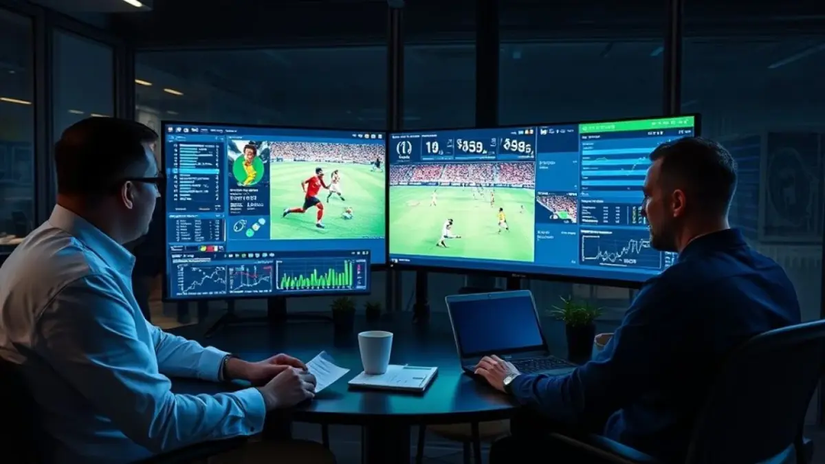 Cientistas de dados analisando informações de futebol em escritório moderno.