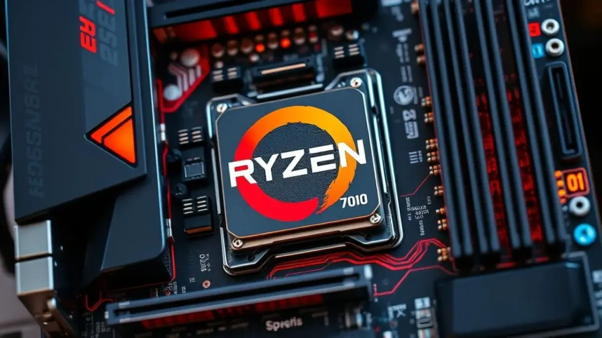 Placa-mãe B650 com CPU Ryzen 7000 em destaque, cores vibrantes e alta resolução.