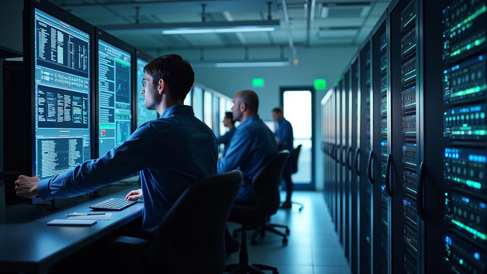 Sala de servidores segura com técnicos monitorando