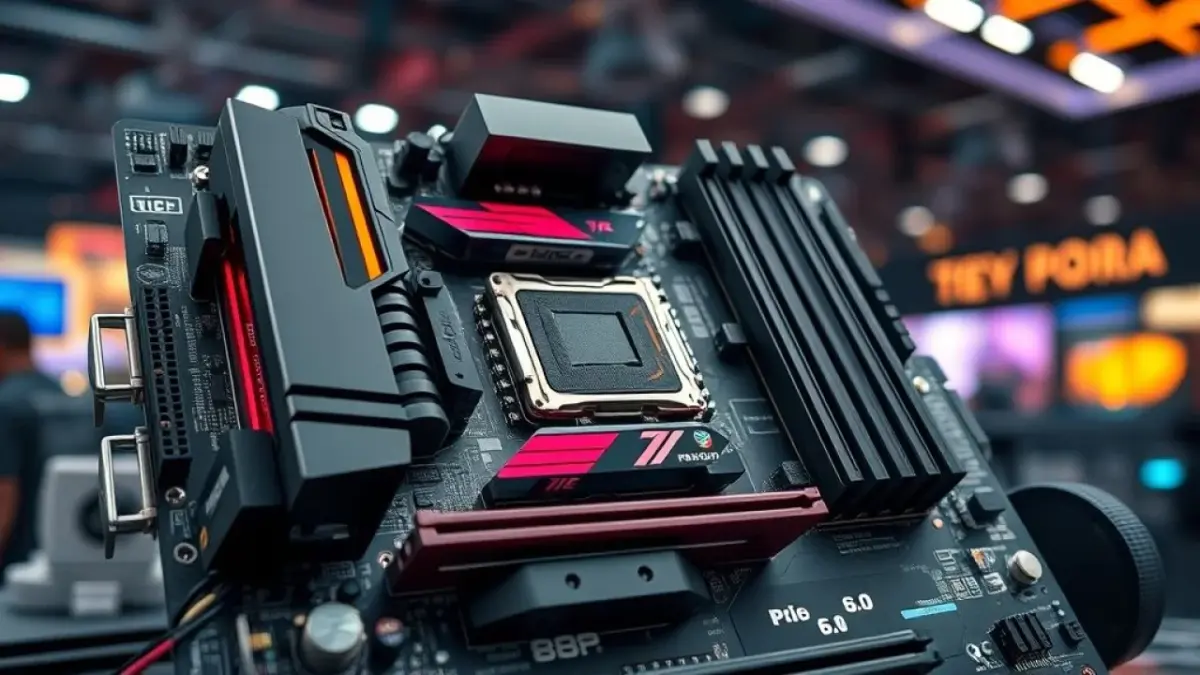 Placa-mãe moderna com slots PCIe 6.0, representando o futuro da tecnologia de conexão.