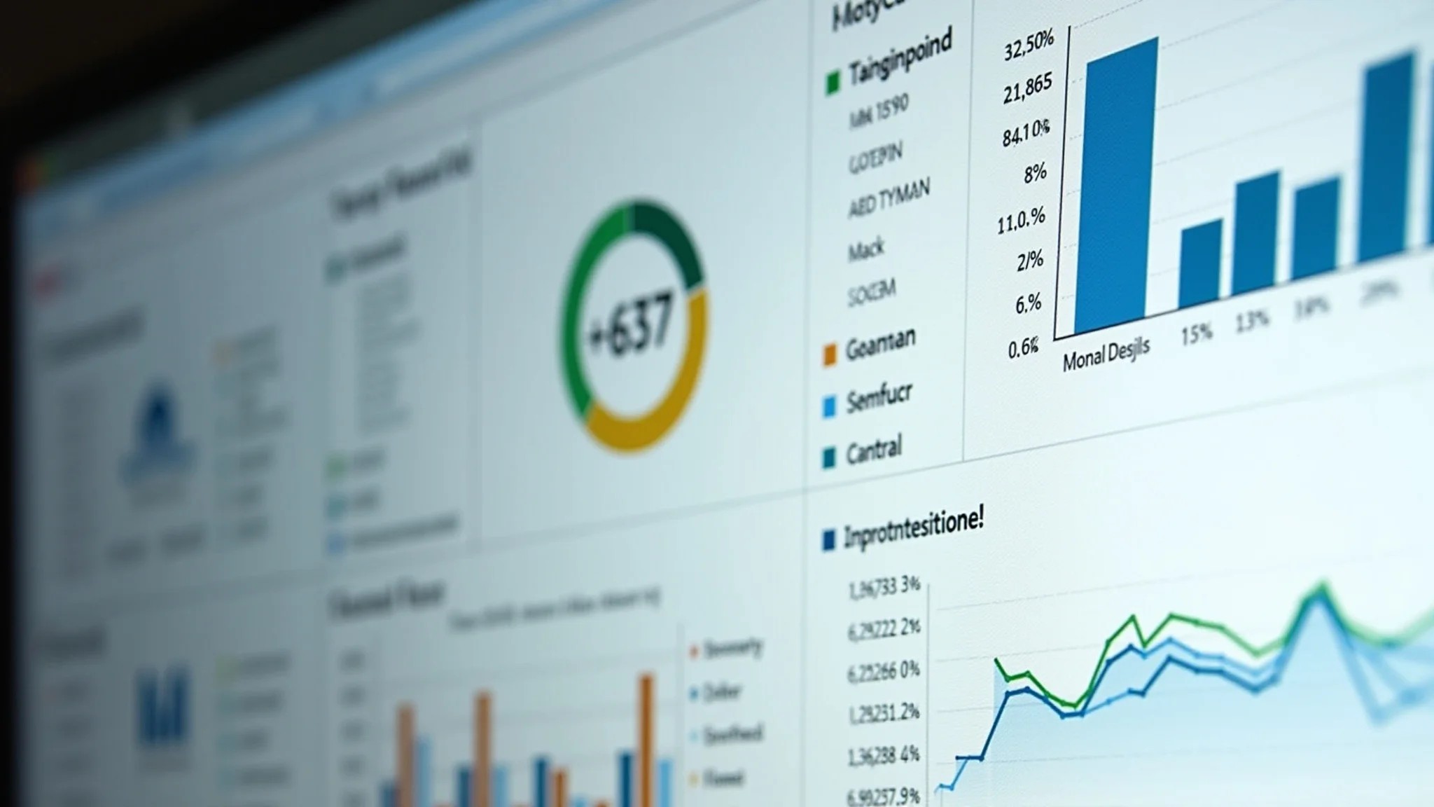 Painéis de analytics mostrando métricas de performance