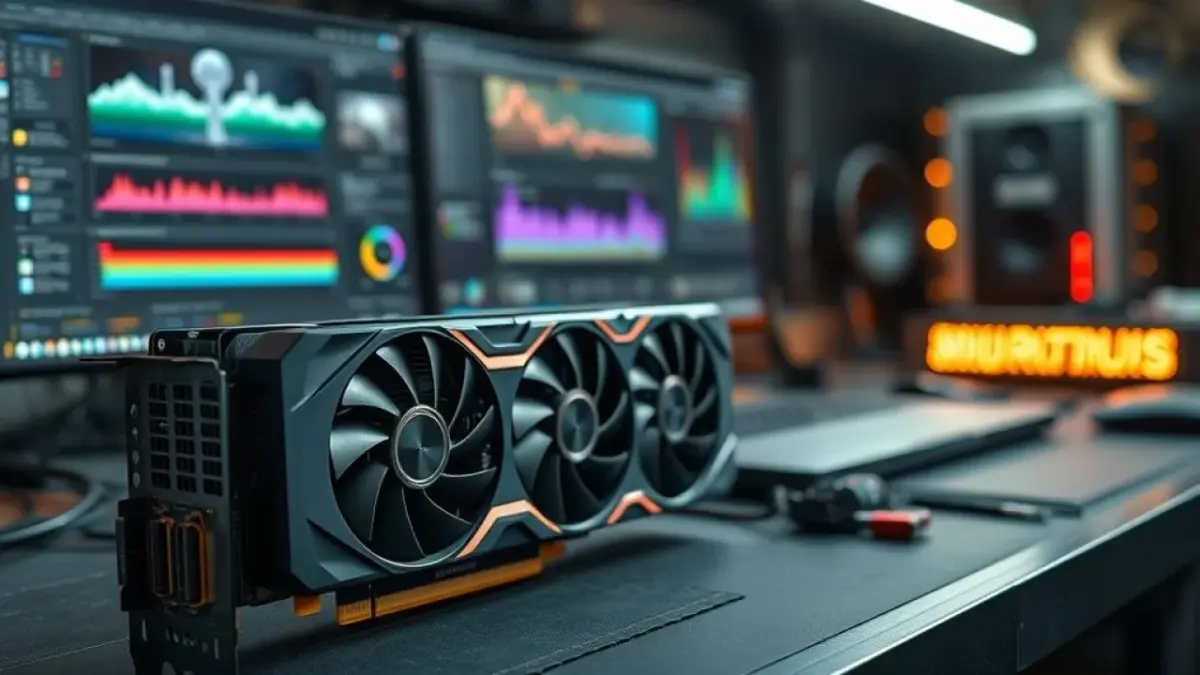 Placa de vídeo RTX 4090 em bancada de edição de vídeo, com software de edição ao fundo.