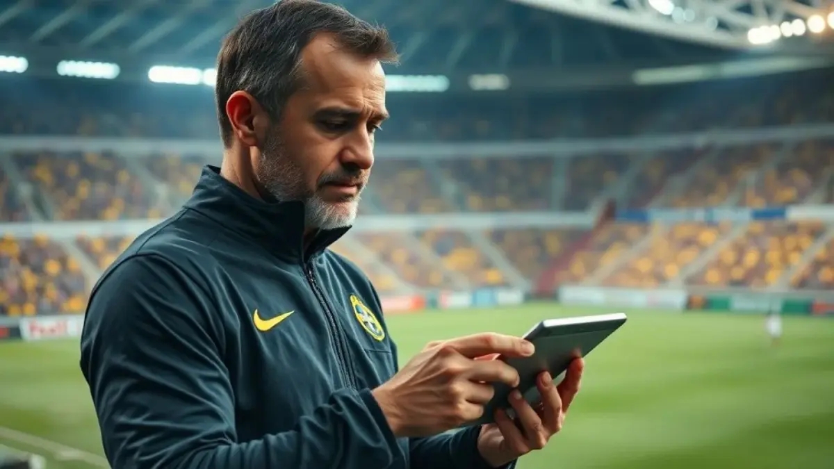 Técnico brasileiro usando tablet com dados de jogadores durante partida de futebol.