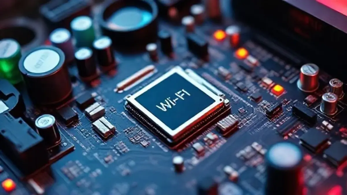 Placa-mãe moderna com Wi-Fi 7 integrado, mostrando detalhes dos componentes eletrônicos.