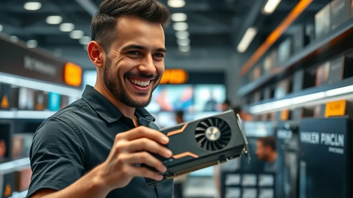 Brasileiro sorrindo ao escolher placa de vídeo de alta performance em loja de informática moderna.