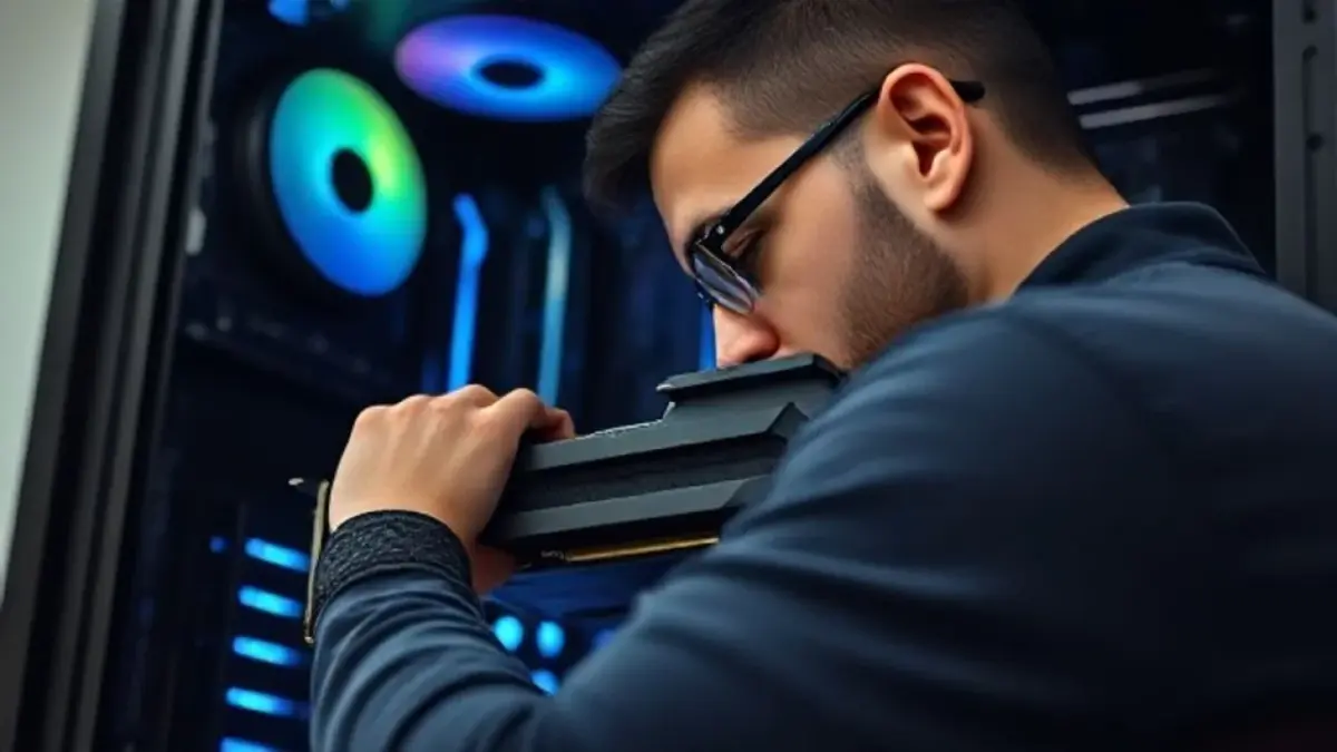 Técnico brasileiro instala placa de vídeo em PC gamer com pulseira antiestática.