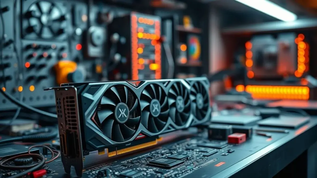 Placa de vídeo (GPU) de última geração em bancada de tecnologia, com circuitos detalhados e iluminação cinematográf...