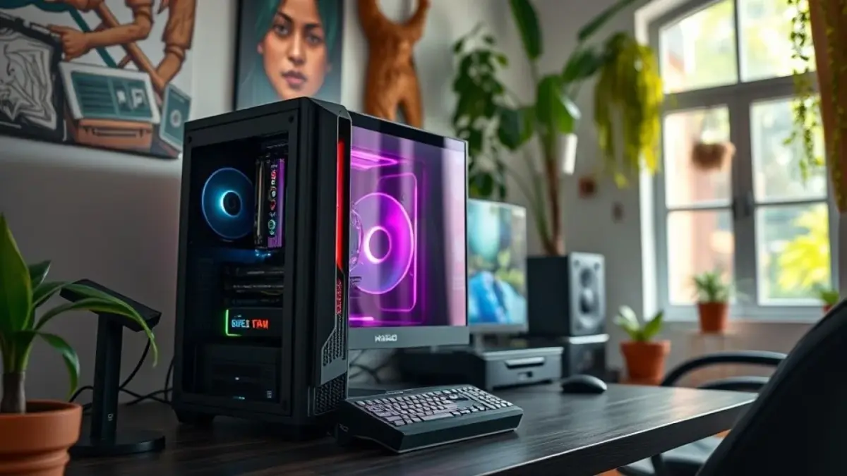 O que é uma Placa de Vídeo (GPU) e Por Que Ela Importa? Setup gamer moderno com GPU visível em ambiente vibrante e bem iluminado, representando a importância da placa de vídeo.